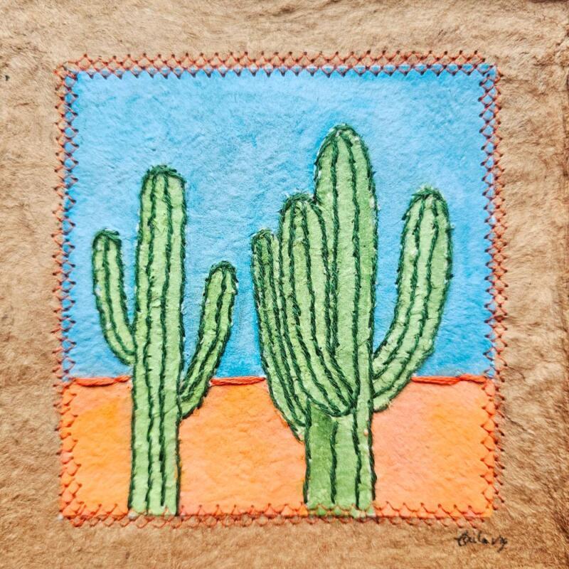 Painting Whispering sahuaros by Vazquez Laila | Painting Figurative Nature Watercolor Textile