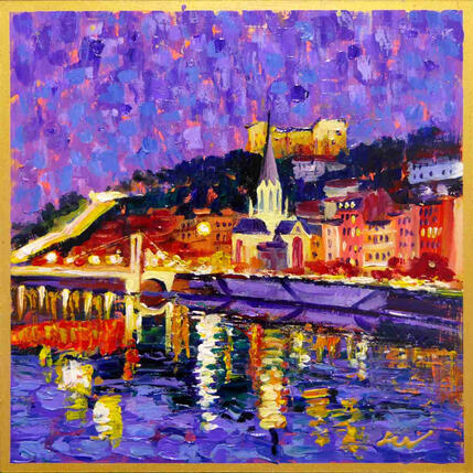 Painting Nuit dorée lyonnaise by Sheremet Ion | Painting Impressionism Acrylic Urban