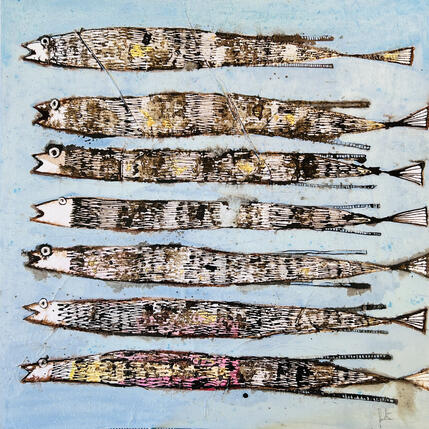 Peinture Anchois au four par Colombo Cécile | Tableau Art naïf Acrylique, Aquarelle, Collage, Encre, Pastel Animaux