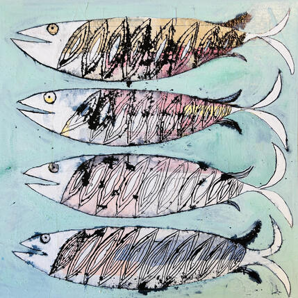 Peinture Dorade au feu de bois par Colombo Cécile | Tableau Art naïf Acrylique, Aquarelle, Collage, Encre, Pastel Animaux