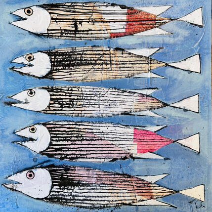 Peinture Nage en bleu par Colombo Cécile | Tableau Art naïf Acrylique, Aquarelle, Collage, Encre, Pastel Animaux