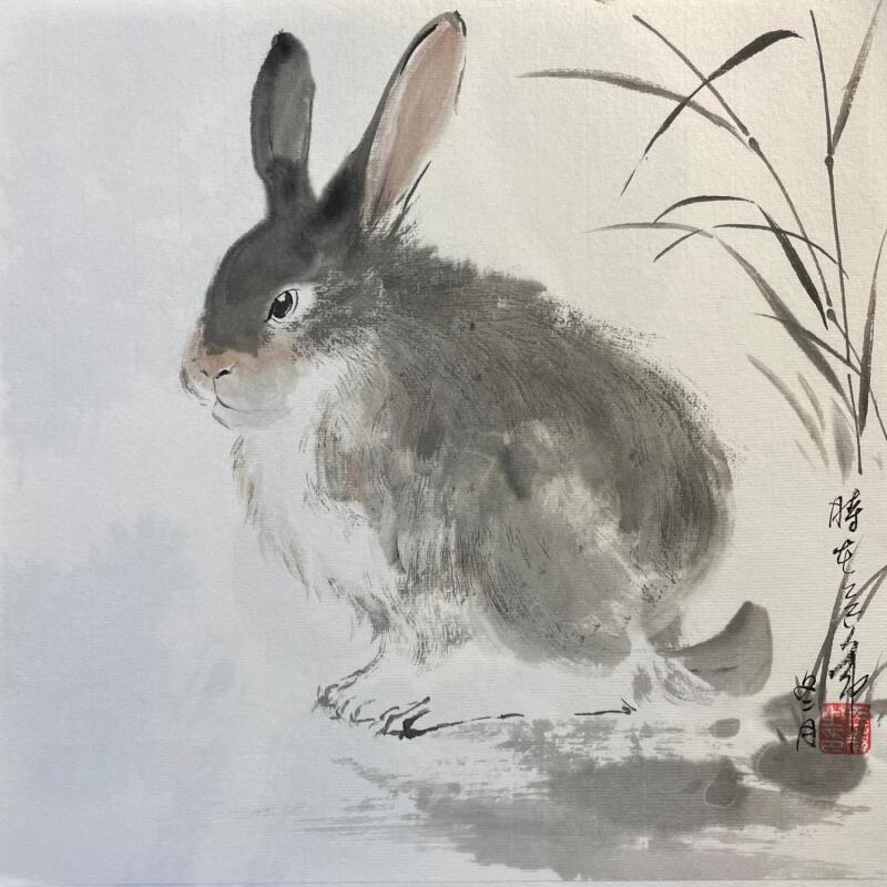 Peinture Rabbit par Yu Huan Huan | Tableau Figuratif Animaux Encre
