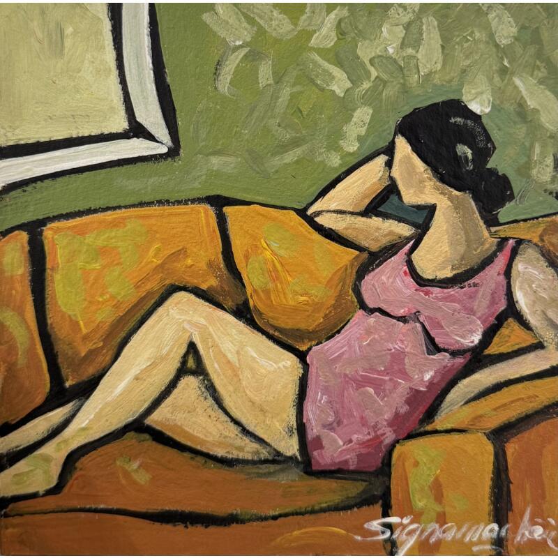 Painting Méditation sur canapé by Signamarcheix Bernard | Painting Naive art Acrylic Ink Pastel