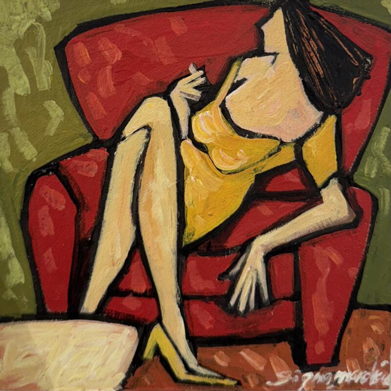 Painting Pause cigarette by Signamarcheix Bernard | Painting Naive art Acrylic Ink Pastel