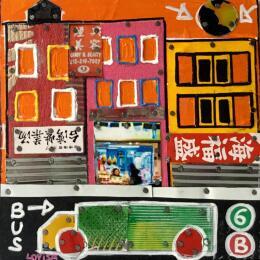 Gemälde Sunset in Chinatown von Lovisa | Gemälde Pop-Art Acryl, Collage Urban