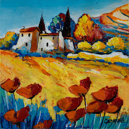 Gemälde Le mas aux coquelicots von Cédanne | Gemälde Figurativ Acryl, Öl Landschaften, Pop-Ikonen