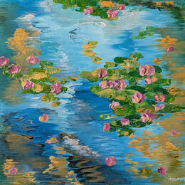Peinture La source aux Nymphéas roses par Amblard Florence | Tableau