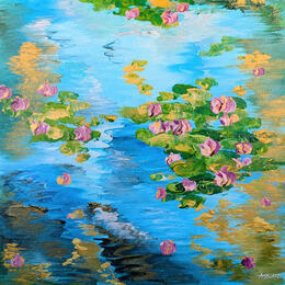 Peinture Les nénuphars roses dorés  par Amblard Florence | Tableau