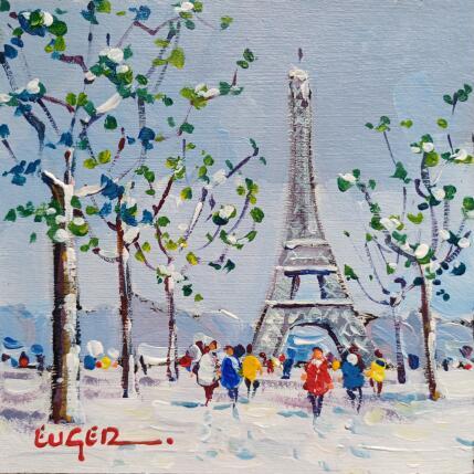 Painting NEIGE A LA TOUR EIFFEL by Euger | Painting Figurative Acrylic Architecture, Landscapes, Urban