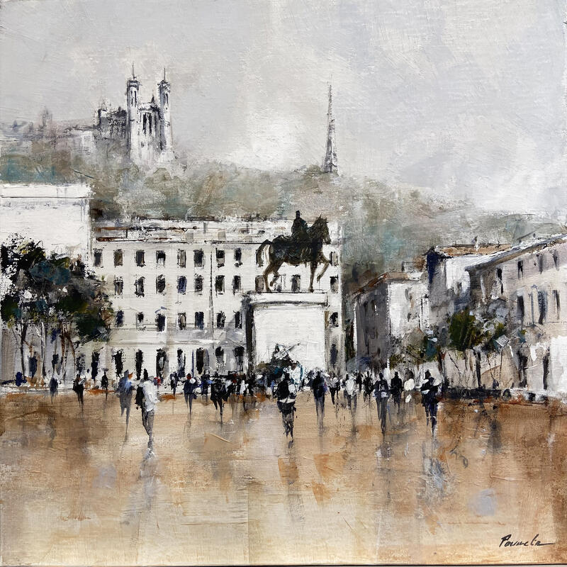 Painting Rendez-vous place Bellecour by Poumelin Richard | Painting Figurative Oil