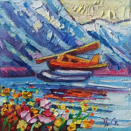 Painting Golden Wings on Blue Water by Georgieva Vanya | Painting Figurative Oil Landscapes, Pop icons