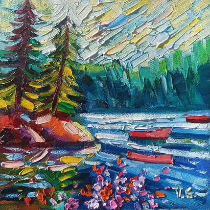 Painting Lakeside Serenity by Georgieva Vanya | Painting Figurative Oil Landscapes, Pop icons