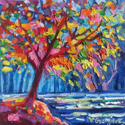 Painting Golden tree on the lake by Georgieva Vanya | Painting Figurative Oil Landscapes