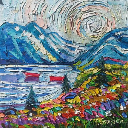 Painting wildflowers on the like by Georgieva Vanya | Painting Figurative Oil Landscapes