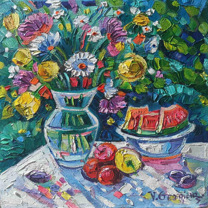 Painting Still Life with watermelon by Georgieva Vanya | Painting Figurative Oil Landscapes