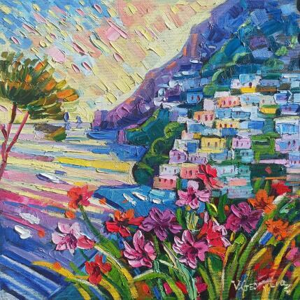 Painting Floral Balcony Over the Positano Blue by Georgieva Vanya | Painting Figurative Oil Landscapes