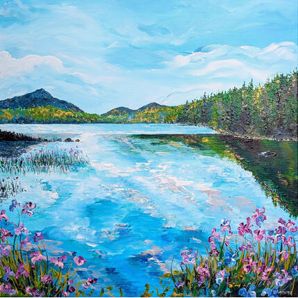 Peinture Iris au bord du lac par Amblard Florence | Tableau