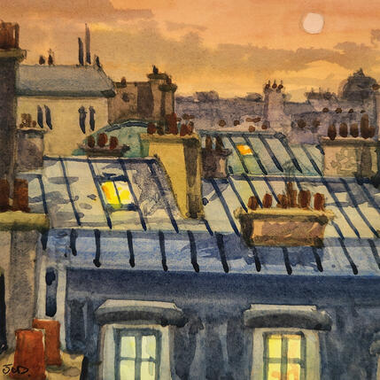 Peinture Paris, la lune sur les toits par Decoudun Jean charles | Tableau Figuratif Aquarelle Urbain