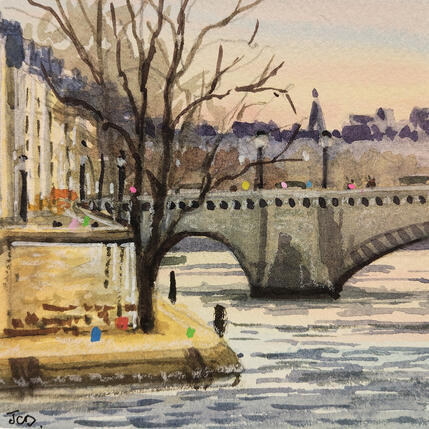 Gemälde Paris, Pont de la Tournelle von Decoudun Jean charles | Gemälde Figurativ Aquarell Urban