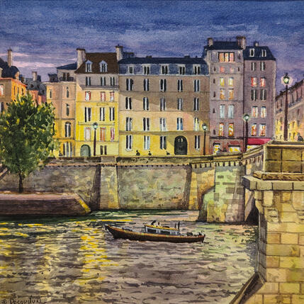 Painting Paris la nuit, Ile Saint Louis by Decoudun Jean charles | Painting Figurative Watercolor Urban