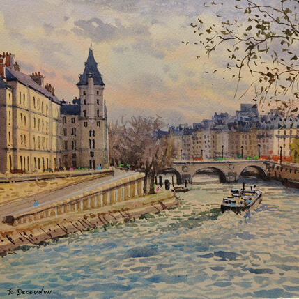 Painting Paris, le Pont St Michel by Decoudun Jean charles | Painting Figurative Watercolor Urban