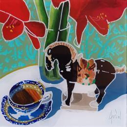 Gemälde Gengis s'interrogeait sur l'origine du thé von Auriol Philippe | Gemälde Figurativ Acryl, Plexiglas, Posca Stillleben