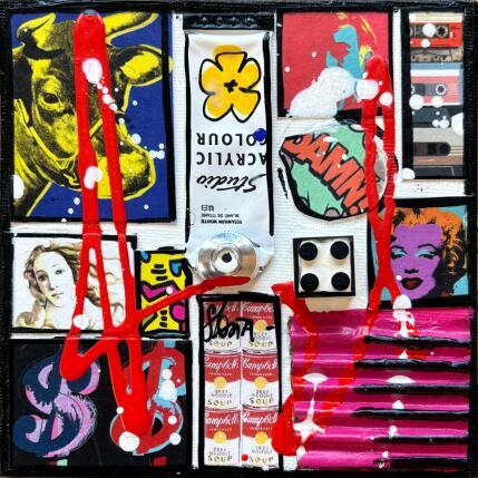 Gemälde Tribute to Warhol (cow) von Costa Sophie | Gemälde Pop-Art Acryl, Collage, Upcycling Pop-Ikonen