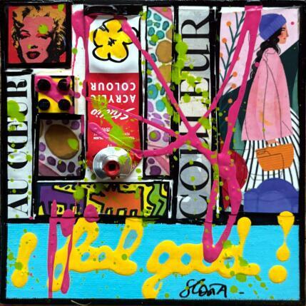 Gemälde I feel good!(bleu) von Costa Sophie | Gemälde Pop-Art Acryl, Collage, Upcycling