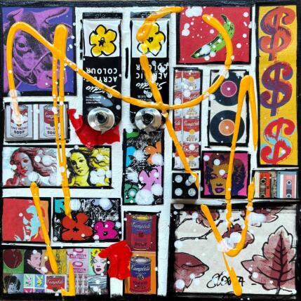 Gemälde Tribute to Warhol (cow) von Costa Sophie | Gemälde Pop-Art Acryl, Collage, Upcycling Pop-Ikonen