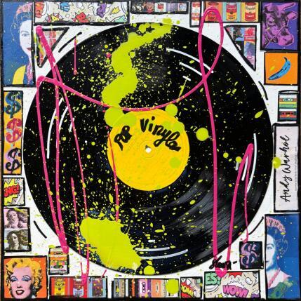 Gemälde POP VINYLE (jaune) von Costa Sophie | Gemälde Pop-Art Acryl, Collage, Upcycling Pop-Ikonen