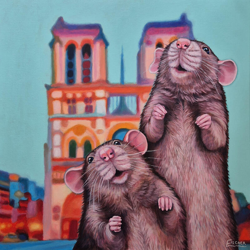 Peinture Le duo de la Cité par Emma Fischer | Tableau Figuratif Portraits Urbain Animaux Acrylique