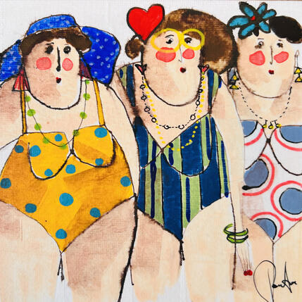 Painting Les trois belles by Colombo Cécile | Painting Naive art Acrylic, Gluing, Ink, Pastel, Watercolor Portrait