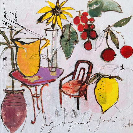 Painting Douceur au jardin by Colombo Cécile | Painting Naive art Acrylic, Gluing, Ink, Pastel, Watercolor Landscapes, Nature, Still-life