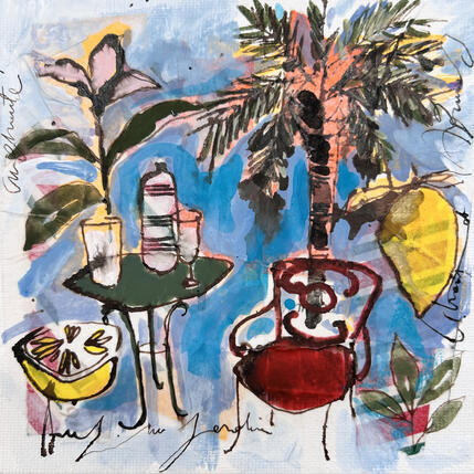 Painting Sieste et apéro du sud by Colombo Cécile | Painting Naive art Acrylic, Gluing, Ink, Pastel, Watercolor Landscapes, Life style, Nature