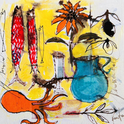Painting Le poulpe et la carafe by Colombo Cécile | Painting Naive art Acrylic, Gluing, Ink, Pastel, Watercolor Landscapes, Nature, Still-life