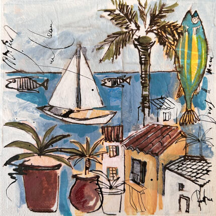 Painting Village au bord de mer by Colombo Cécile | Painting Naive art Acrylic, Gluing, Ink, Pastel, Watercolor Landscapes, Marine, Nature