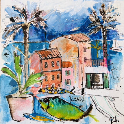 Painting Une belle pêche by Colombo Cécile | Painting Naive art Acrylic, Gluing, Ink, Pastel, Watercolor Landscapes, Nature, Pop icons