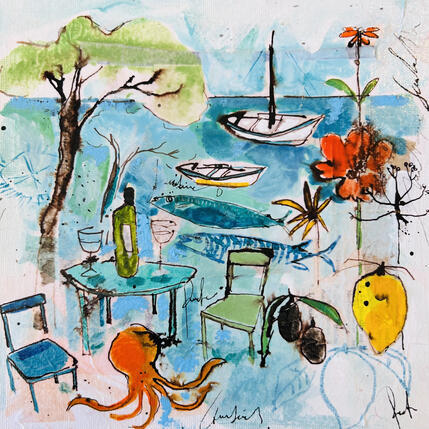 Painting Poulpe et olives by Colombo Cécile | Painting Naive art Acrylic, Gluing, Ink, Pastel, Watercolor Landscapes, Nature, Pop icons