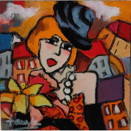 Painting Femme et village by Fauve | Painting Figurative Acrylic, Oil Life style
