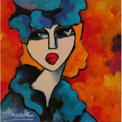 Painting Rousse au chapeau bleu by Fauve | Painting Figurative Acrylic, Oil Life style, Pop icons