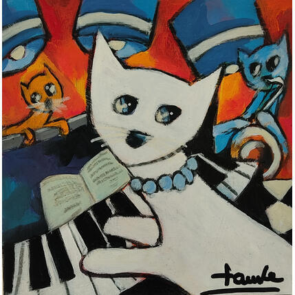 Gemälde Chat blanc au piano von Fauve | Gemälde Figurativ Acryl, Öl Alltagsszenen, Pop-Ikonen