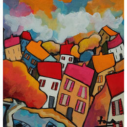 Gemälde Village orangé von Fauve | Gemälde Figurativ Acryl, Öl Alltagsszenen