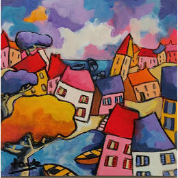 Peinture Village bleu par Fauve | Tableau Figuratif Acrylique, Huile Scènes de vie