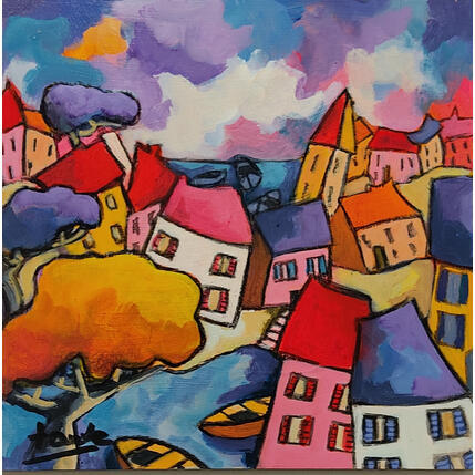 Gemälde Village bleu von Fauve | Gemälde Figurativ Acryl, Öl Alltagsszenen