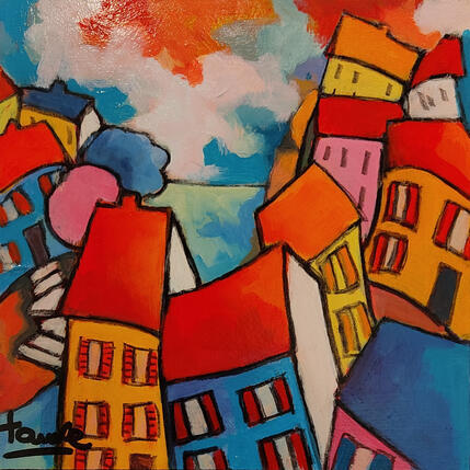 Painting Village en bord de mer by Fauve | Painting Figurative Acrylic, Oil Life style