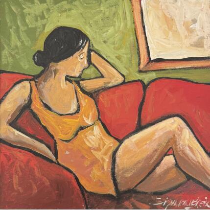 Painting Repos sur canapé rouge by Signamarcheix Bernard | Painting Naive art Acrylic, Ink, Pastel Pop icons