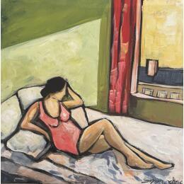 Gemälde Repos dans la chambre d'Hôtel  von Signamarcheix Bernard | Gemälde Naive Kunst Acryl, Pastell, Tinte