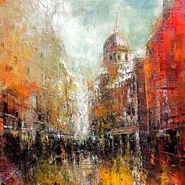 Painting rue saint Paul avec la tour, couleur orangée. by Davroux Philippe  | Painting Impressionism Oil