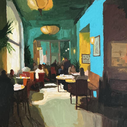 Peinture Le Café in turquoise and green par Murgatroyd Daniel | Tableau
