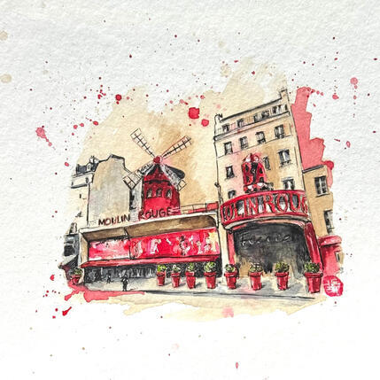 Peinture Moulin rouge  par Flament Audrey | Tableau Figuratif Aquarelle, Encre Architecture, Scènes de vie